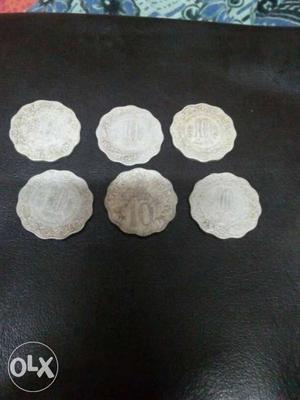 Six Silver 10 India Paise Scallop Edge Coins