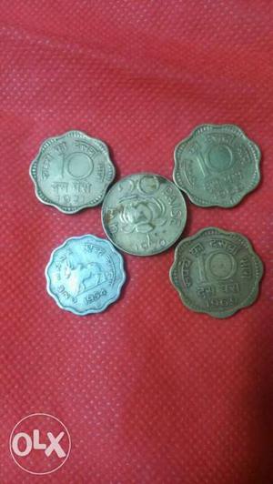 Three 10 And Two 20 Indian Paise Coins