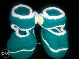 Baby's Pair Of Green-and-white Knitted Shoes