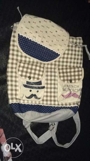 Beige, Blue, And Gray Gingham Print Bucket Backpack