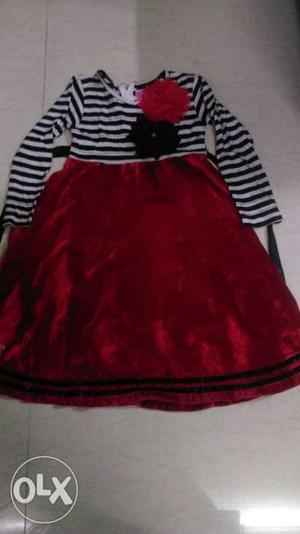 Girl's Black, White, And Red Stripes Long Sleeved Dress