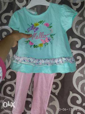 Girl's Blue Floral Shirt And Pink Pants