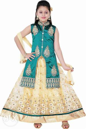 Girl's Yellow And Green Sari