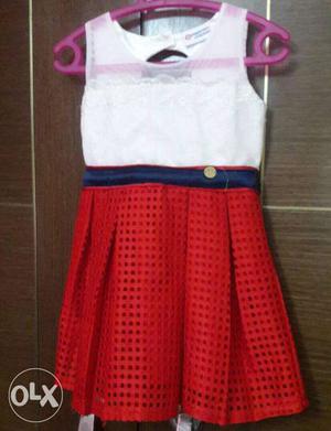 Kids White And Red Sleeveless Party Dress -  months