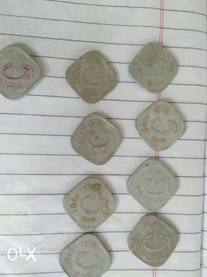 Nine 5 Indian Paise Coins