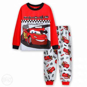 Red And White Cars Print Crew Neck Jacket With Pajamas