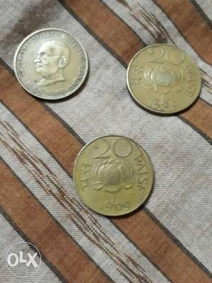 Three Silver Round 20 Paise Coins