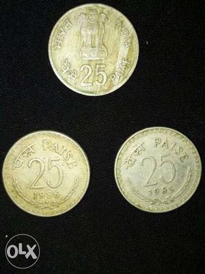 Three Silver Round 25 Paise Coins