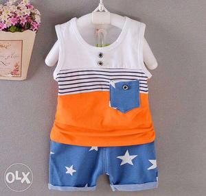 Toddler's White, Black, And Orange Sleeveless Top And Blue
