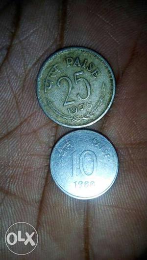 Two 25 And 10 Indian Paise Coins