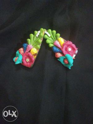 Two Green-pink-blue Floral Pins