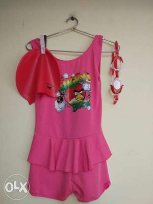 Unused pink baby girl swimming suit with goggle n cap