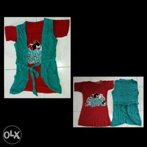 Women's Red Printed Crew-neck Shirt And Cyan Open Vest