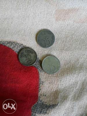 Three Round Silver 25 Paise Coins