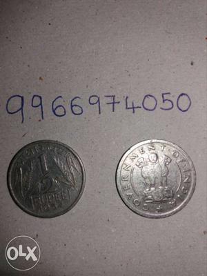 Two Round Silver 1 India Rupee Coins