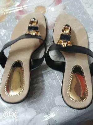 Beige-and-black T Strap Sandals