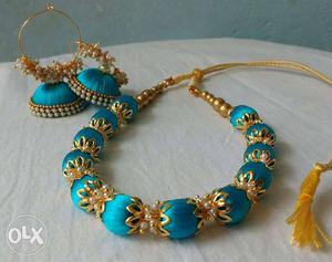 Blue And Gold Beaded Bracelet And Jhumkas