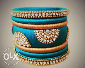 Blue And Yellow Silk Threaded Bangles