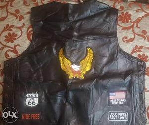 Embroidered Brown Eagle Black Leather Motorcycle Vest