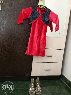 Girls new party dress along with silver shoes fits 4 to 5