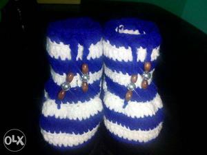 Pair Of Baby Blue-and-white Knit Boots