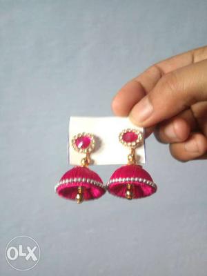 Pair Of Pink-silver-and-gold Jhumkas