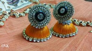 Pair Of Silver-and-brown Silk Thread Jhumkas