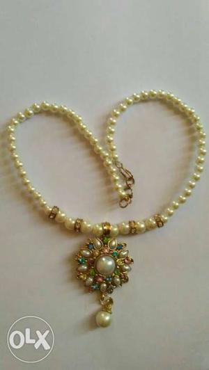Pearl, Green, And Red Clustered Pendant Necklace