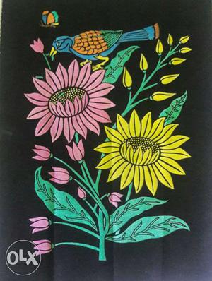 Pink And Yellow Flowers With Blue Bird Print Textile