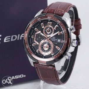 Round Brown Edifice Chronograph Watch With Brown Leather