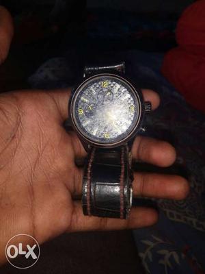 Round Silver Chronograph Watch With Black Leather Linkband
