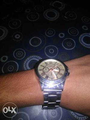 Round Silver Chronograph Watch With Linked Bracelet