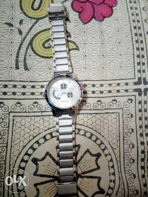 Round Silver Framed Chronograph Watch With Link Band