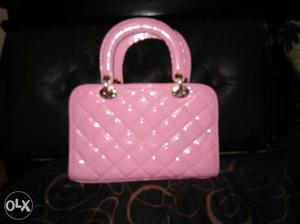 White Pink Quilted Patent Leather Tote Bag