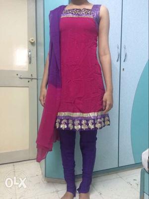 Woman's Pink And Purple Chridar Outfit