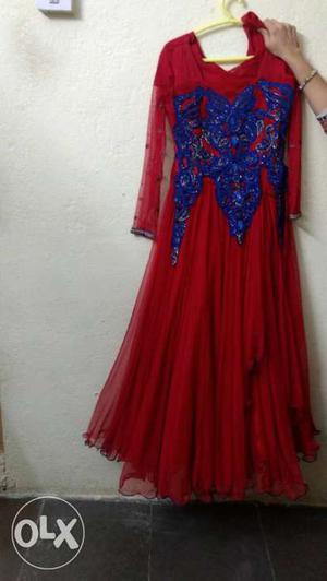 Women's Red And Blue Floor-length Dress