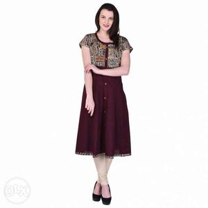 Women's Red And Brown Scoop Neck Dress