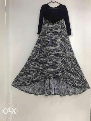 Black And Gray Space-dye Pattern Long-sleeved Maxi Dress