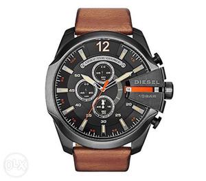 Black Diesel Chronograph Watch With Brown Leather Strap