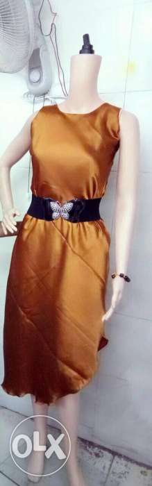 Brown Satin Crew Neck Sleeveless Mini Dress