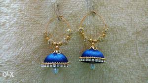 Diamond Embellished Blue-and-gold Jhumka Earrings