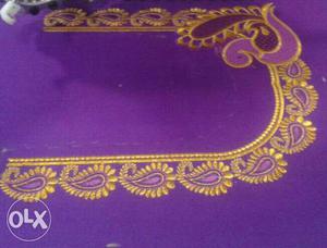Gold-colored And Purple Paisley Embroidered Textile