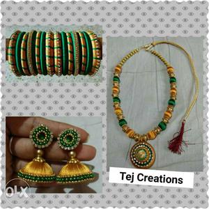 Orange-and-green Jhumka Earrings, Silk Thread Bangle Lot And