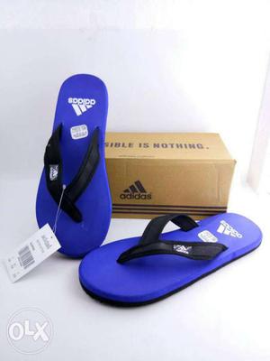 Pair Of Blue And Black Adidas Slide On Slippers With Box
