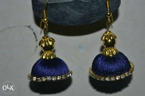 Pair Of Gold-and-blue Silk Thread Jumka Earrings