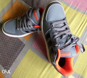 Pair Of Gray-and-orange Adidas Low-top Sneakers