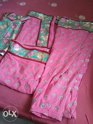 Pink And Green Georgette Lenga.