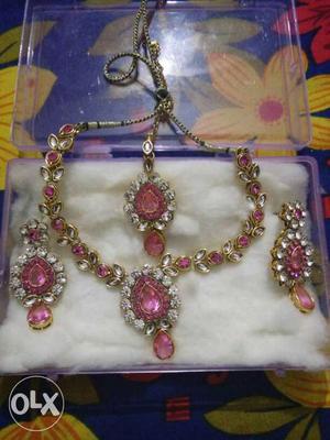 Pink Stone And Diamond Embellished Pendant Necklace And Pair