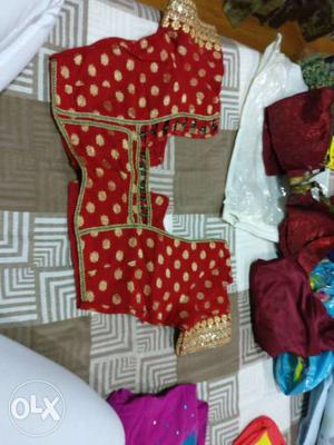 Red And Golden Sari Crop Top