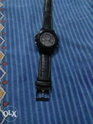 Round Black Chronograph Digital Watch With Leather Band